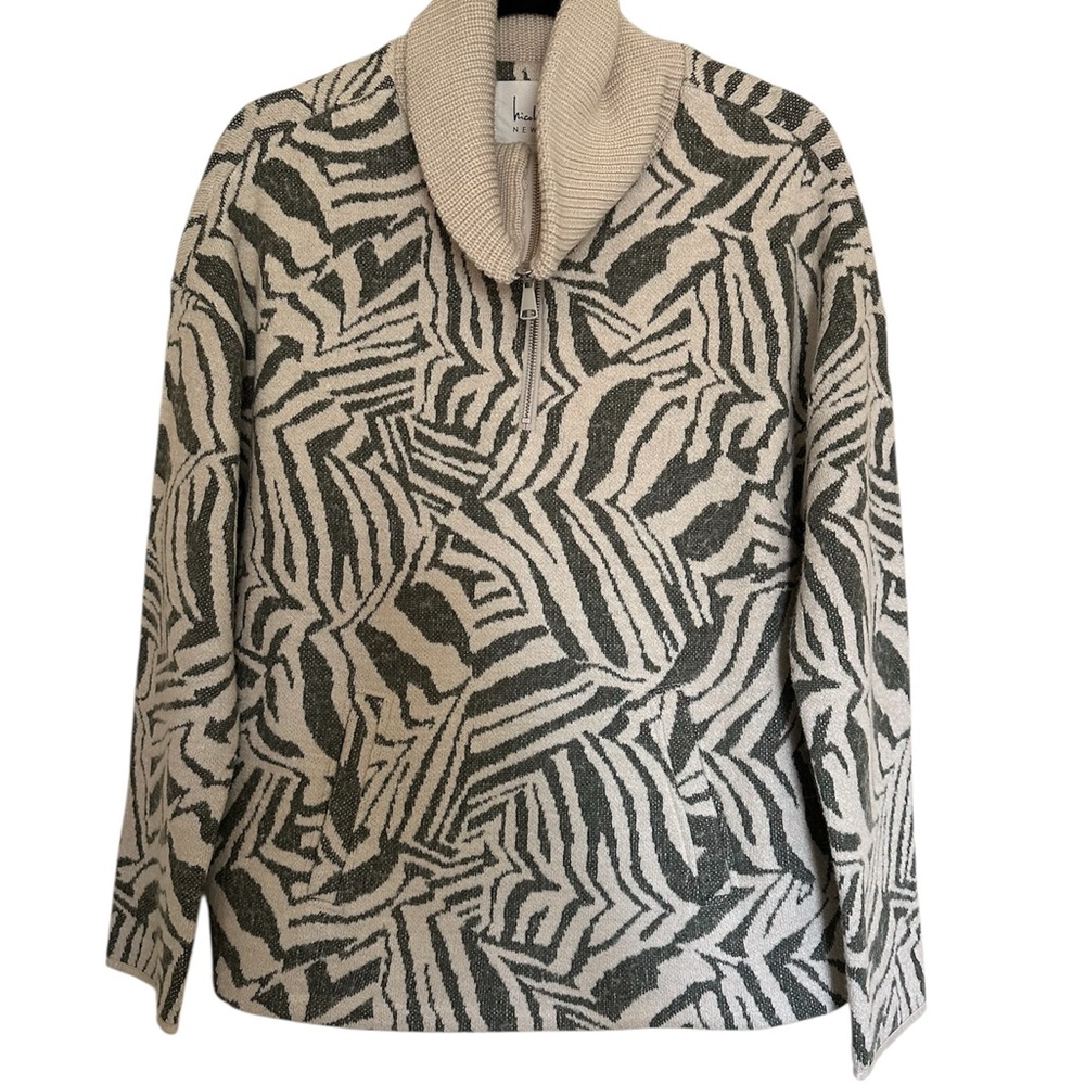 Nicole Miller Cream and Olive Zebra Print Shawl Collar Half-Zip Sweater
